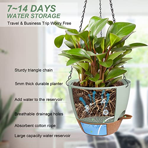 10 Inch Self Watering Hanging Planters for Indoor Outdoor Plants, 2 Pack - color: Green, size: 10''