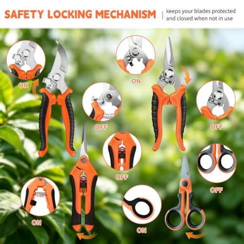 HoMaNa 4 Pack Garden Shears Pruning Set, Stainless Steel Multi-Blade - color: Orange