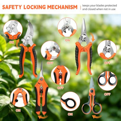 HoMaNa 4 Pack Garden Shears Pruning Set, Stainless Steel Multi-Blade - color: Orange