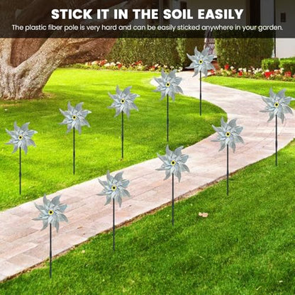 10 PCS Reflective Pinwheels for Yard and Garden Bird Devices Pre-Installed Sparkly Wind Spinner Deterrent to Scare Birds Away from Yard Patio Farm (Silver) - color: Silver