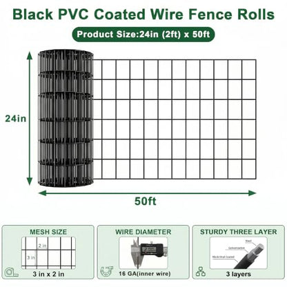 Black PVC Coated Welded Wire Fence 3FT(36") x 50FT, 16GA Garden Fencing Roll - size: 36in50FT