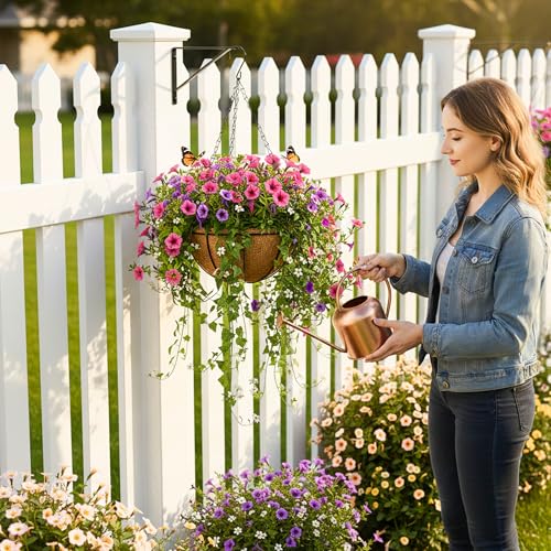 4 Pack Hanging Planters 12 Inch Metal Hanging Planter Basket Flower Pots with Coco Coir Liners Round Wire Plant Holder for Indoor Outdoor Patio Porch Garden Railings Decoration - color: Watermelon