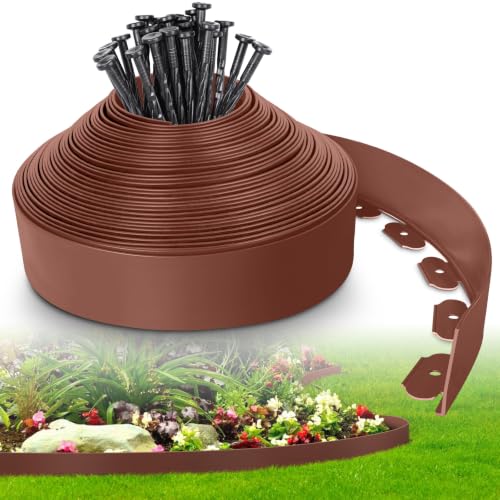 4-Inch x 50 FT Landscape Edging Border with 75 Spikes, Garden Edging Lawn Border Kit, Plastic Edging Border Flexible for Garden Flower Beds Lawn Yard Pathway Paver Edging (Brown) - color: Brown, size: 4 In x 50 FT