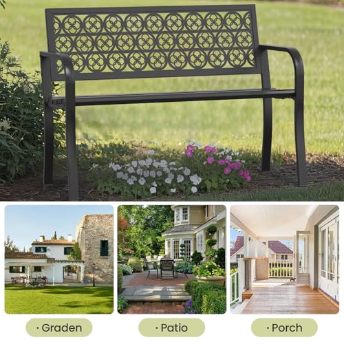 Outdoor Bench with Clover Back, Heavy-Duty Metal Frame Graden Bench, Weatherproof Patio Park Bench for Front Porch, Park, Yard, Patio - size: Clover