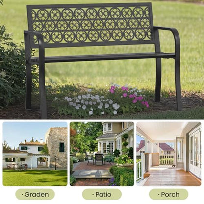 Outdoor Bench with Clover Back, Heavy-Duty Metal Frame Graden Bench, Weatherproof Patio Park Bench for Front Porch, Park, Yard, Patio - size: Clover