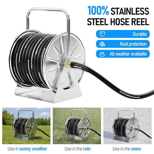 SPECILITE Stainless Steel Garden Hose Reel, 5/8" 75FT Hybrid Rubber Hose - color: Black, size: with 75FT Rubber Hose