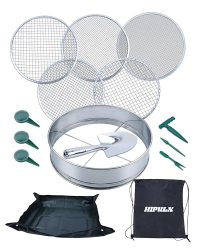 5-in-1 Soil Sifter Set with 5 Replaceable Stainless Steel Mesh Screen & Shovel (1/8" - 1/2"), Soil Sifter for Soils, Compost, Bonsai etc. (11-5/8" Diameter) (15-in-1 Sets)