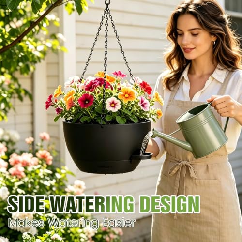 12 Inch Large Self Watering Hanging Planters 2 Pack with Saucers - color: Black, size: 12 Inch 2 Pack