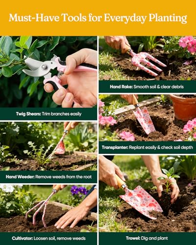 Grenebo 12-Piece Gardening Tool Set, Heavy-Duty Garden Tools for Women - color: Pink
