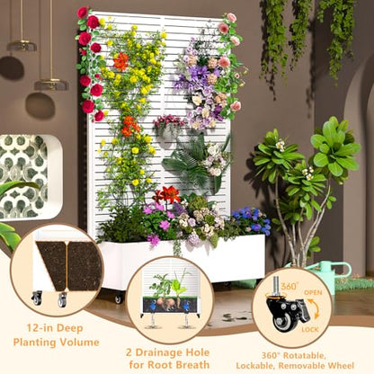 MTART Metal Planter Box with Trellis Outdoor, 72"x47"x16" Galvanized Raised Garden Bed with Privacy Screen & Drainage Holes & Lockable Casters for Climbing Plants, Vegetable, Vines (Louvered-White) - color: Louvered-white