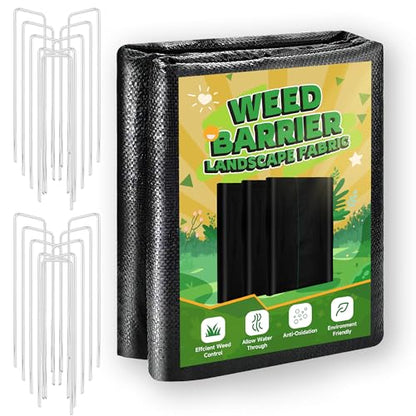 2FT x 50FT Weed Barrier Landscape Fabric Heavy Duty, 3.2oz Premium Gardening Weed Control Mat with 10 U-Shaped Securing Pegs, Ground Cover for Garden Beds, Farming, Underlayment, Commercial Driveway - size: 3.2OZ-2X50FT