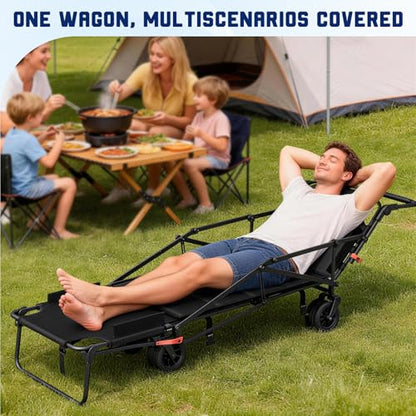 LEVELEVE Heavy Duty Folding Wagon - 2-in-1 Collapsible Cart, All-Terrain Wheels w/Brakes & Side Pockets (Black, 650lb Capacity) - color: Black, size: Large