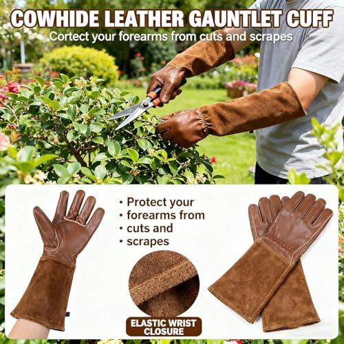 Leather Gardening Gloves for Women Men, Long Rose Pruning Glove Thorn Proof Cactus Gauntlet for Yard (Brown, Small) - size: Small