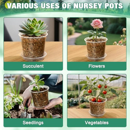 RAOOKIF 10 Inch Nursery Pots with Saucers, 4 Pack Large Size Clear Nursery Pots with Drainage Hole for Indoor Outdoor Plants, Plastic Clear Pots for Plants for Flowers, Succulents, Vegetable - size: 10 inch-4pcs