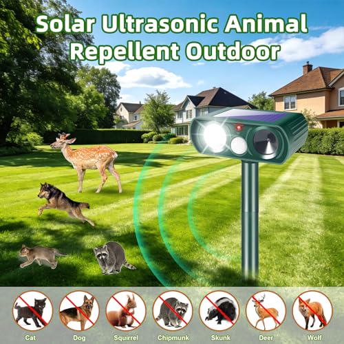 2026 Sonic Fortress Pro Deer Repellent for Plants,4 Pcs Cat Repellent Outdoor Motion Sensor Solar Animal Repellent Ultrasonic Outdoor for Squirrel Rabbit Skunk Racoon Fox Strobe Light,IP65 Waterproof