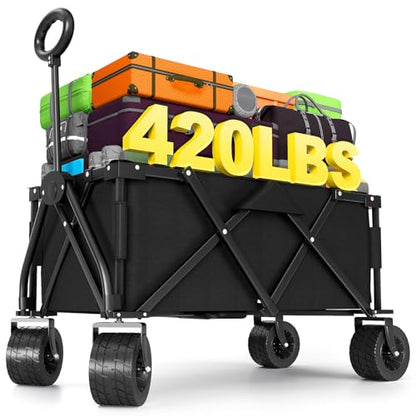 LEVELEVE Heavy Duty Folding Wagon Collapsible Cart, 420Lb Capacity, All-Terrain Wheels w/Brakes & Side Pockets (Black)