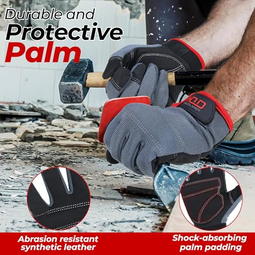 HANDLANDY Work Gloves for Men & Women, Utility Mechanic Working Gloves Touch Screen, Flexible Gardening Gloves for Yard - color: Grey (1 Pair), size: Large