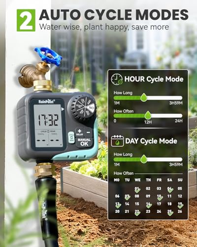 RAINPOINT Sprinkler Timer for Garden Hose - Hose Timer with Cycle & Soak/Rain Delay/Automatic Watering/Manual Watering, Programmable Irrigation System with Large Display, Brass Inlet & Outlet - color: Brassy
