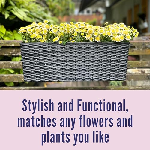 LaLaGreen Outdoor Rail Planter for Balcony (20 Inch, 2 Pack) Large Black Self Watering Deck Railings Planters with Brackets, Rectangular Plastic Fence Flower Box Designer Choice with Rattan Pattern - color: Black X 2