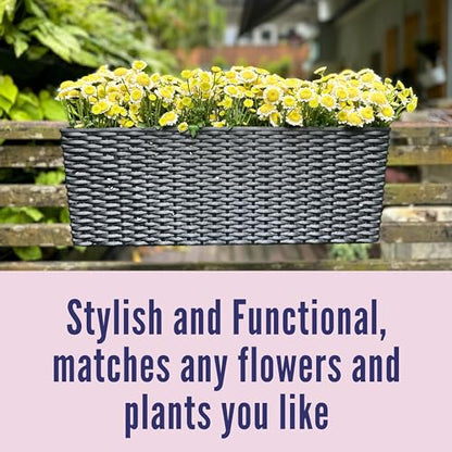 LaLaGreen Outdoor Rail Planter for Balcony (20 Inch, 2 Pack) Large Black Self Watering Deck Railings Planters with Brackets, Rectangular Plastic Fence Flower Box Designer Choice with Rattan Pattern - color: Black X 2