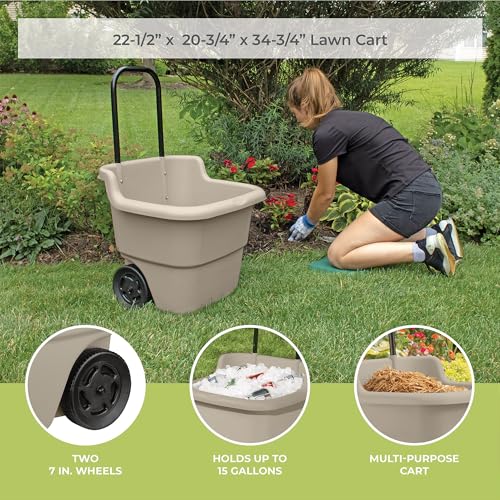 Suncast Garden Cart on Wheels, Taupe 15.5-Gallon Resin Outdoor Utility Yard Cart for Seniors, Lightweight 2 Wheel Wheelbarrow with Easy Mobility for Gardening, Firewood & Laundry, Made in the USA - size: 1 Pack