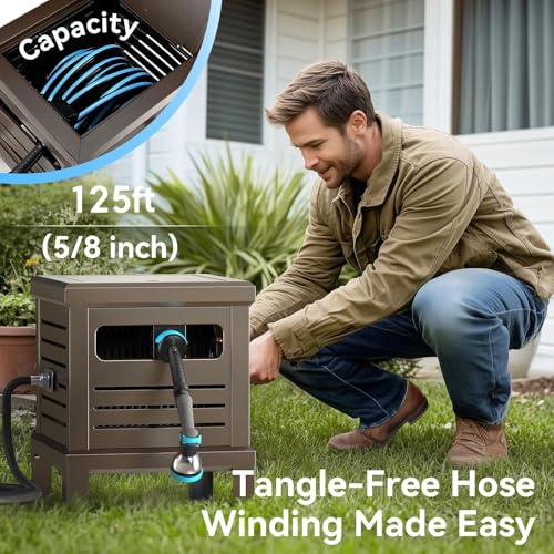 Relhost Hose Reel, Heavy Duty Metal Deck Box Hideaway Holds 125 ft x 5/8" Hose, Garden Hose Reel with Never-Leak System, Manual Crank Handle, Hose Guide, Ideal for Yards, Patios, and Garden Sheds - color: Brown, size: 125FT