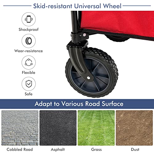 Goplus Collapsible Wagon, Folding Utility Wagon Cart w/Universal Wheels & Adjustable Handle & Cover Bag, Grocery Wagon for Garden Shopping Camping (Red) - color: Red