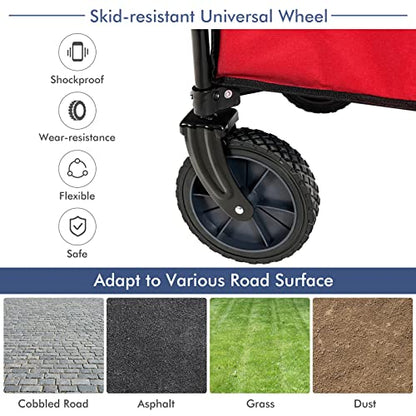 Goplus Collapsible Wagon, Folding Utility Wagon Cart w/Universal Wheels & Adjustable Handle & Cover Bag, Grocery Wagon for Garden Shopping Camping (Red) - color: Red
