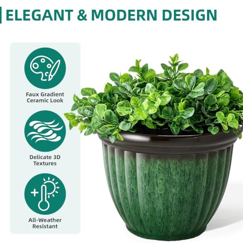 Autodaya 15" Large Planters For Outdoor Plants Set Of 2 Plastic Flower Pots - color: 15"-gradient Emerald Green With Black Rim