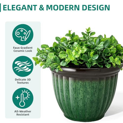 Autodaya 15" Large Planters For Outdoor Plants Set Of 2 Plastic Flower Pots - color: 15"-gradient Emerald Green With Black Rim