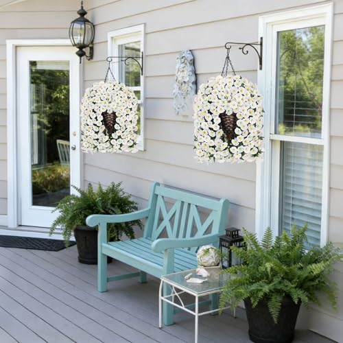 HyeFlora Artificial Faux Hanging White Flowers Plants Basket for Outdoor Outside Decor, 4 PCS Fake UV Resistant Realistic Morning Glory Flowers for Porch Home Balcony Yard Patio Decoration - color: White Morning Glory
