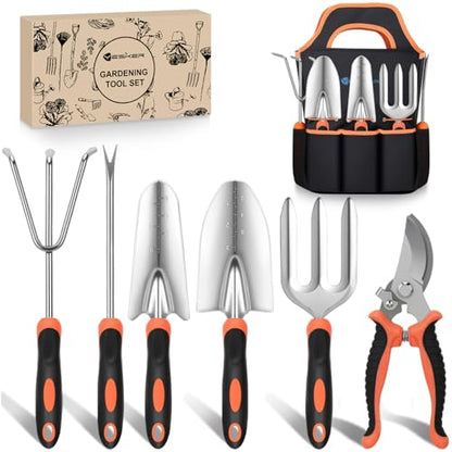 Yesker Gardening Tools 7-Piece Heavy Duty Garden Tool Set Gardening Supplies Gifts for Women Men Gardening Hand Tool Kit with Non-Slip Ergonomic Handle, Garden Bag, Pruning Shears, Black Orange - size: 7PCS Black Orange
