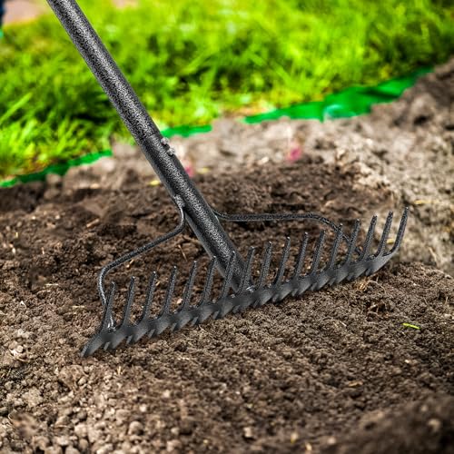 Garden Leaf Rake with 77 Inch Handle, Heavy Duty 17 Inch Wide Metal Garden Lawn Rake for Loosening Soil Raking Leaf Leveling Rocks Spreading Mulch Gravel, Rustproof Metal Bow Rakes Garden Tools - style: 77"