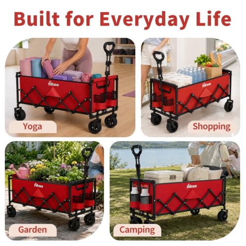 34" Extra Long Collapsible Wagon Cart, 360LBS Capacity, Red - color: Red