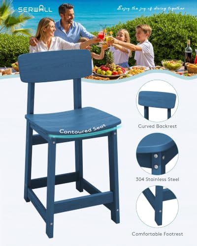 SERWALL Outdoor HDPE Counter-Height Bar Stools Set of 2, Blue - color: Blue, size: 2 Bar Stools