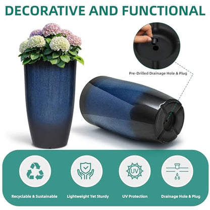 Autodaya 24" Large Tall Outdoor Planters Set of 2, Faux Ceramic Flower Pots - color: 23.8" Blue Gradient Cobalt Finish