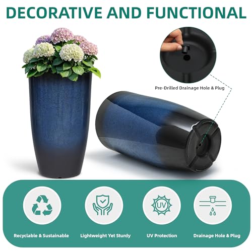 Autodaya 24" Large Tall Outdoor Planters Set of 2, Faux Ceramic Flower Pots - color: 23.8" Blue Gradient Cobalt Finish