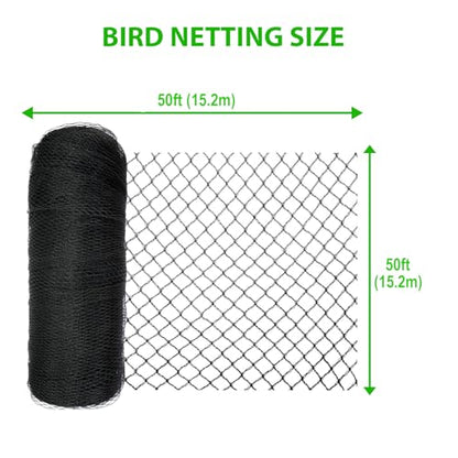 Bird Netting 50x50 Ft, 1" Mesh Heavy Duty HDPE Garden Net, Black - size: 50' x 50'