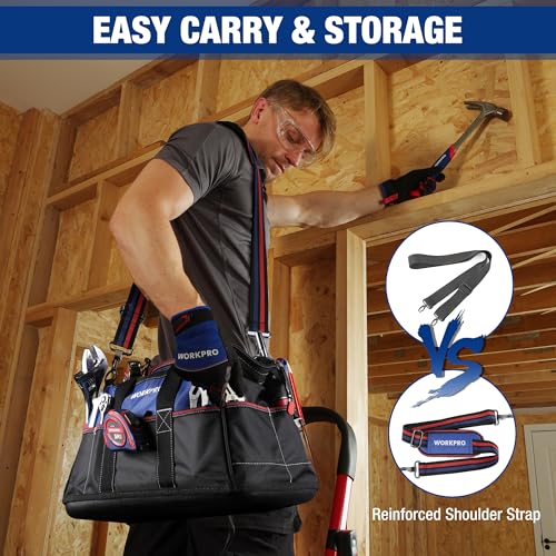 WORKPRO 16-inch Wide Mouth Tool Bag with Water-Proof Molded Base - color: Blue & Red
