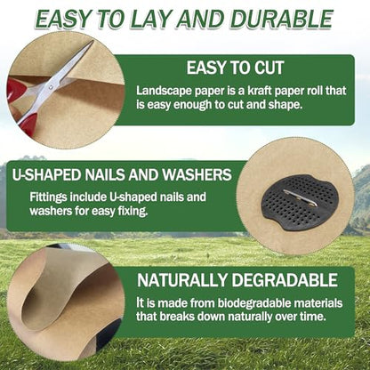 120 x 3 Ft Biodegradable Paper Weed Barrier, Garden Paper Weed Barrier with U-Shaped Ground Nails, Biodegradable Landscape Fabric, Weedguard Plus Paper Mulch for Weed Control & Holds Soil Moisture - size: 120*3ft