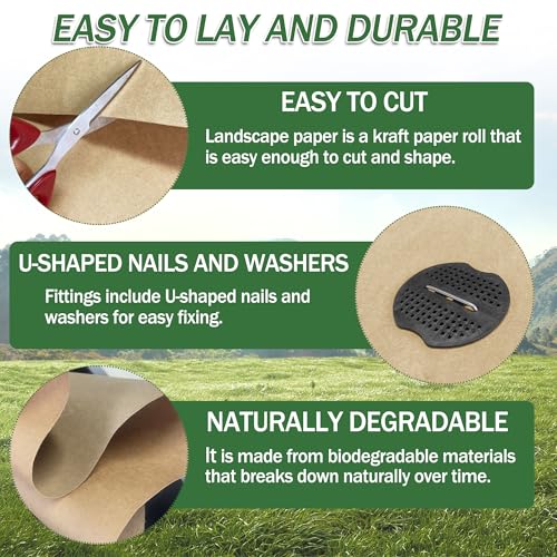 60 x 3 Ft Biodegradable Paper Weed Barrier, Garden Paper Weed Barrier with U-Shaped Ground Nails, Biodegradable Landscape Fabric, Weedguard Plus Paper Mulch for Weed Control & Holds Soil Moisture - size: 60*3ft