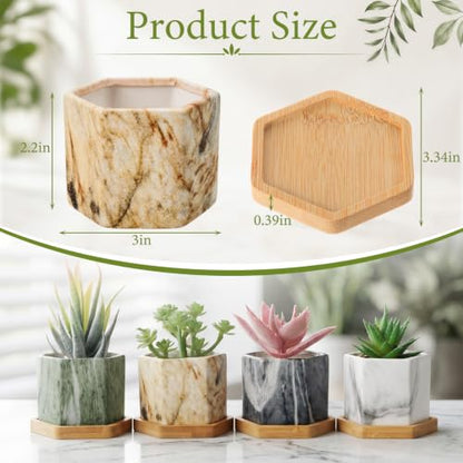 Ziliny Marbling Ceramic Flower Pot Succulent Small Plant Cactus Herbs Planter Ceramic Pot with Drainage Hole Matte Container(4 Pcs,Hexagon Style) - style: Hexagon Style