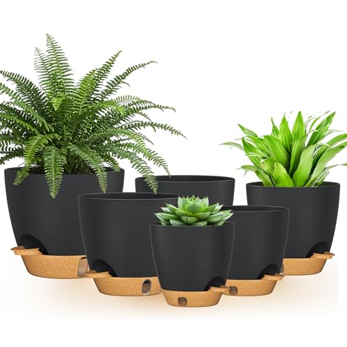 8/7/6.5/6/5.5/5 Inch Self Watering Pots for Indoor Outdoor Plants, Set of 6 Large Plastic Planters with Visual Water Window, Drainage Holes & Watering Lip, Modern Decorative Flower Pots (Black) - color: Black, size: 5/5.5/6/6.5/7/8 Inch