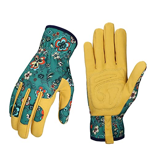 Bamllum Gardening Gloves for Women, Leather Garden Gloves - color: Green+ Yellow