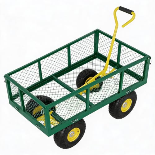 900 Lbs Heavy Duty Steel Garden Cart for Yard, Lawn, Patio, Farm & Construction, 2-in-1 Utility Wagon with Removable Sides, 10" All-Terrain Wheels, Green Yellow