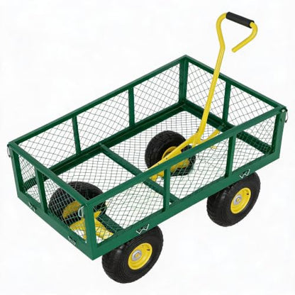 900 Lbs Heavy Duty Steel Garden Cart for Yard, Lawn, Patio, Farm & Construction, 2-in-1 Utility Wagon with Removable Sides, 10" All-Terrain Wheels, Green Yellow