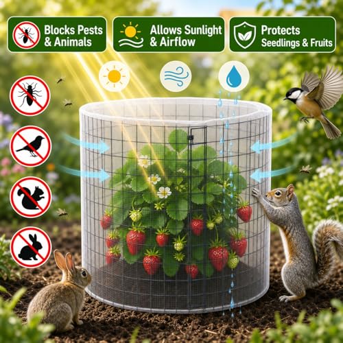 Plant Cages with Insect-Proof Netting, 10 Sets 30Pcs Wire Plant Protectors, 14" H x 13" D Cylinder Mesh Covers with Zip Ties & Ground Stakes, Animal Barrier for Rabbits Chickens Vegetables Flowers - color: 10 Pack With Netting
