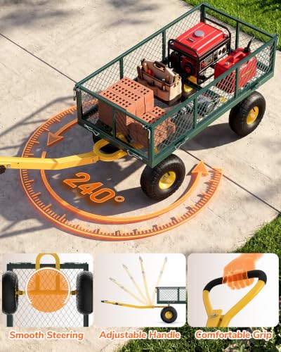 Firstness 900lbs Metal Garden Wagon Cart Large Garden Cart on Wheels, Green - color: Green, size: Updated 900 Lbs