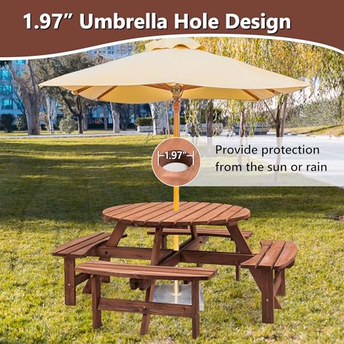 Outdoor Picnic Table for 8 Person, Wooden Picnic Tables with 4 Built-in Benches and Umbrella Hole Outside Table and Bench Set Round Picnic Table for Garden, Backyard, Porch,Patio （Natural - size: 8Person-Round-B