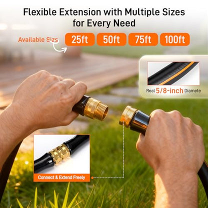 Garden Hose, 25ft 5/8" Heavy Duty Rubber Water Hose w/ 10-Mode Spray Nozzle, 550 PSI Burst, 360° Anti-Kink Swivel Connectors, All-Weather Flexible, Leakproof 3/4" Brass Male to Female Fittings - size: 25ft